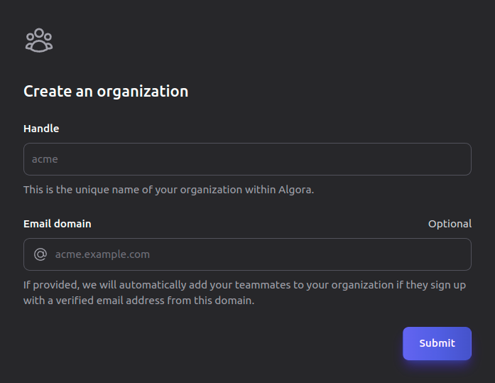 Creating an organization on Algora