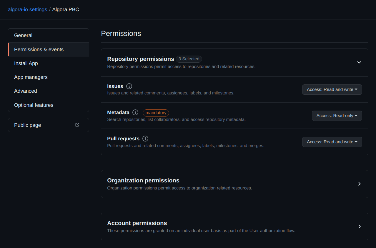 Github app permissions